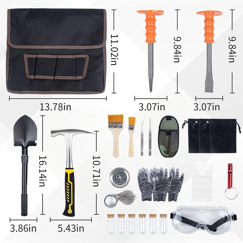 DigNew Geology Rock Pick Hammer Kit – 25PCS Rock Hammer Kit, Complete Geology Kit with Chisels,Folding Shovel, Safety Gear,Gold Panning Kit Accessories, Rock Hounding Equipment for Outdoor Exploration - Image 2